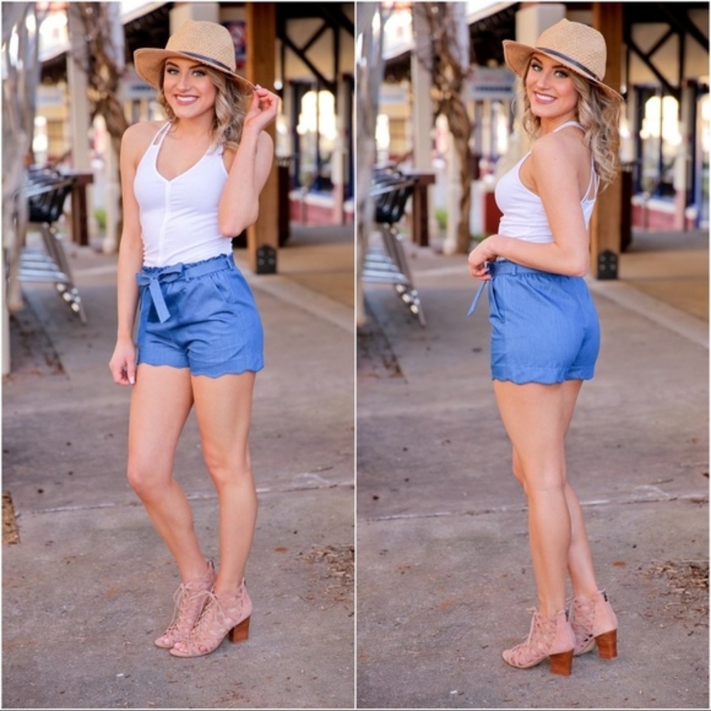 Denim scalloped tie front shorts
